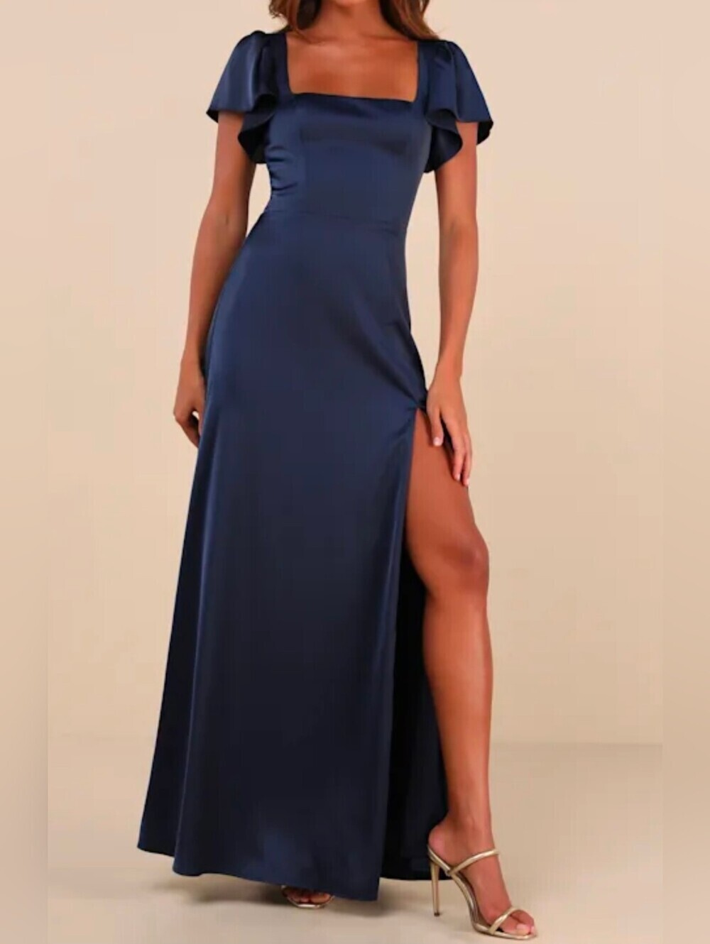 Lulus Ultimate Sweetness Navy Blue Satin Flutter Sleeve Maxi Dress - XS - NWT!
